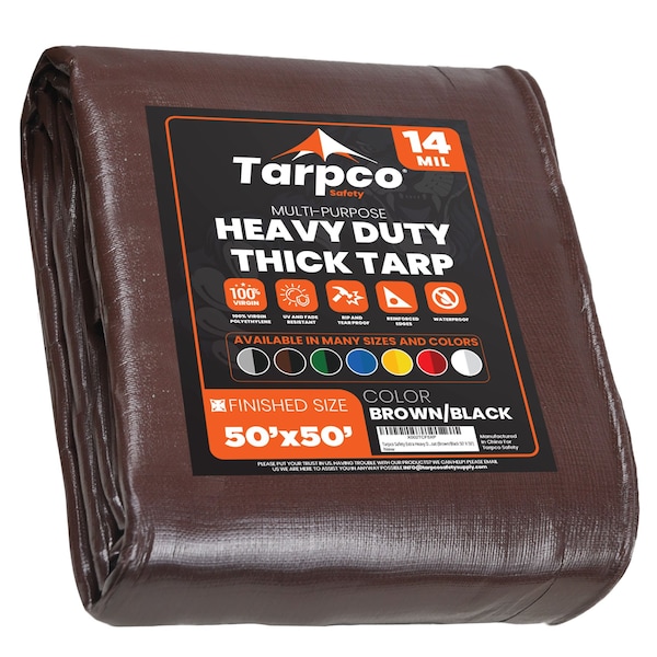 Tarpco Safety Heavy Duty Tarp, 50 ft L x 0.5 mm H x 50 ft W, 14 Mil, Brown/Black, Polyethylene TS-102-50X50 - main